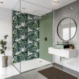 abstract hexagon sage green walk in shower panel